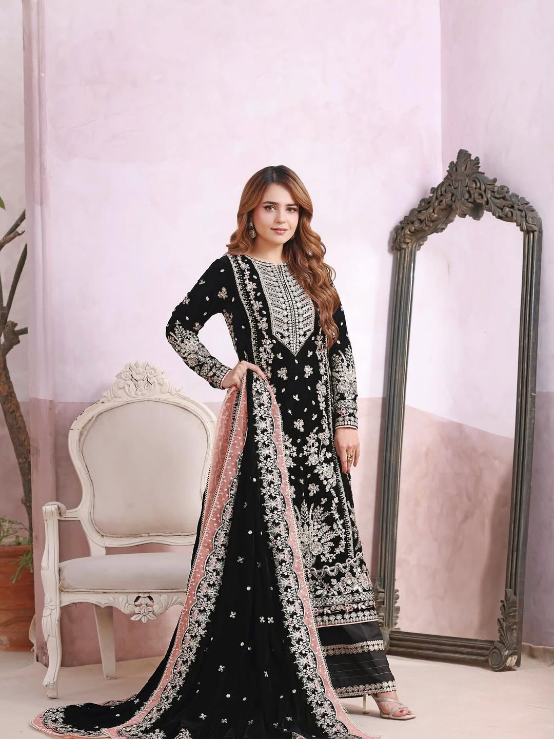 SEQUENCE WORK, VALVET SHIRT FULY EMBRIODERED +  JAMAWAR TROUSER + PATCHES