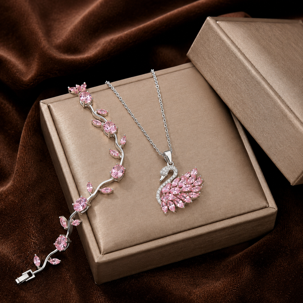 Viral Swan Necklace & Tulip Bracelet Combo (Silver)