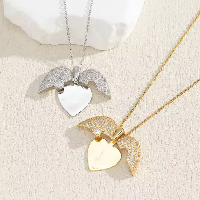 💛 Customized Angel Wings Name Necklace – Personalized Heart Pendant for Couples