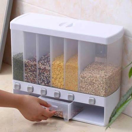 Wall Mounted Kitchen Rice and Cereal Dispenser with 6 Compartments, Food Grade PP