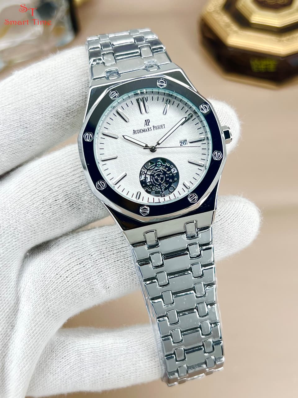 AP Style Men’s Stainless Steel Watch – Date Working | Double Lock Chain