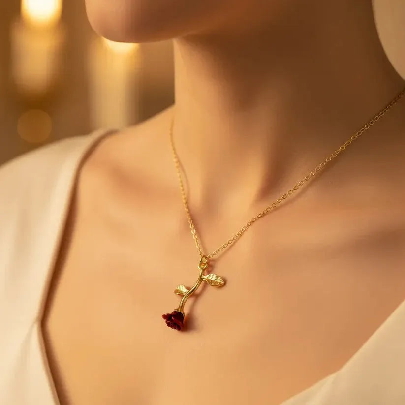 Falling Rose Pendant Necklace – Gold Plated Adjustable Chain