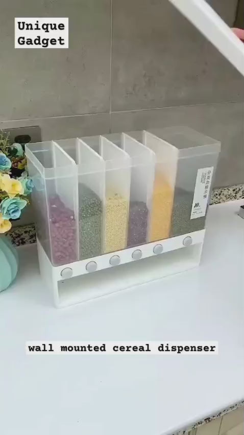 Wall Mounted Kitchen Rice and Cereal Dispenser with 6 Compartments, Food Grade PP